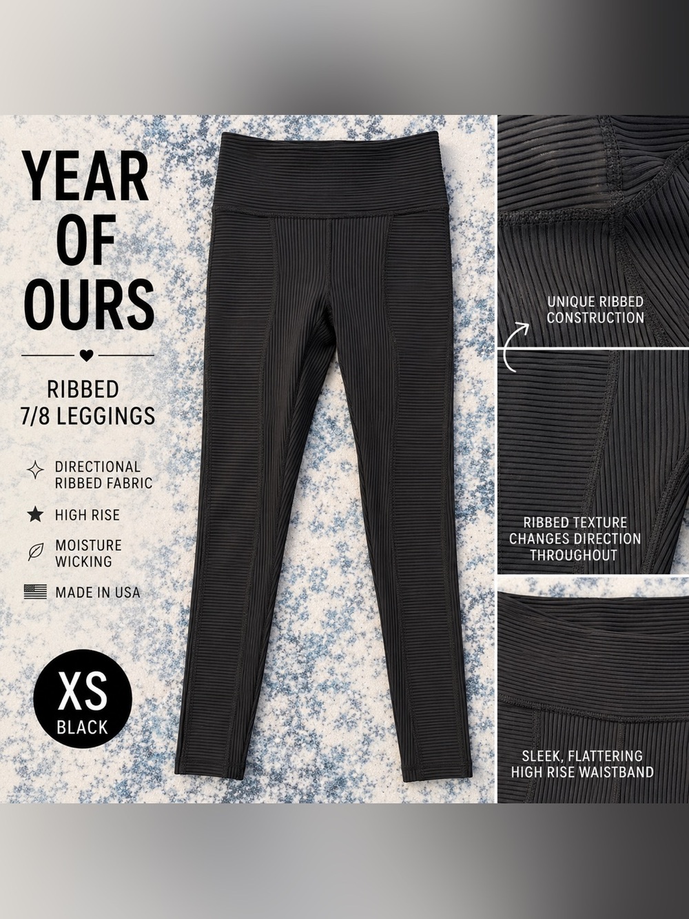 YEAR OF OURS Ribbed 7/8 Leggings XS Black | Directional Ribbed | Made in USA